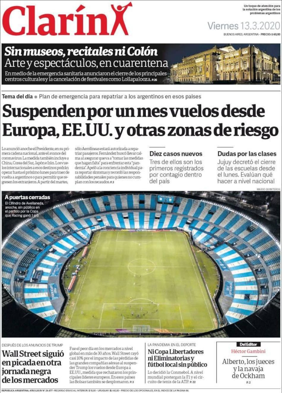 Tapas de diarios, Clarin, viernes 13 de marzo de 2020