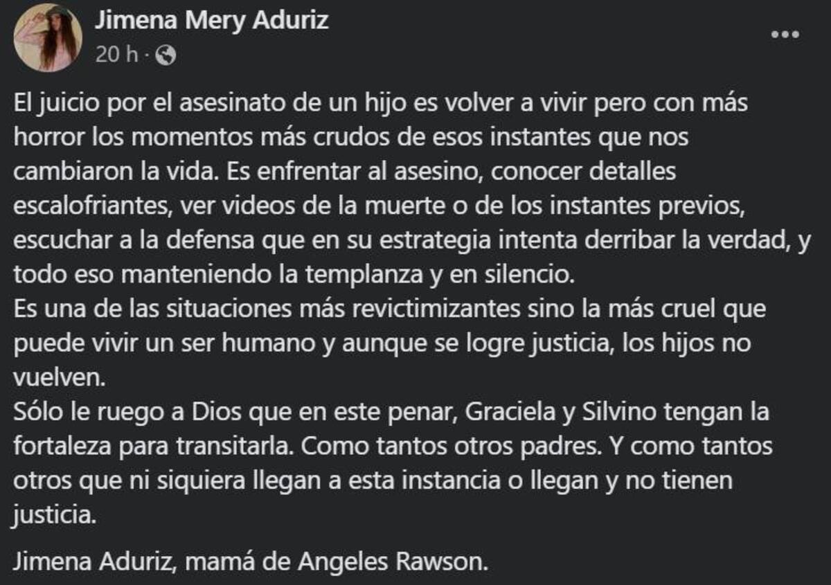 La carta de la mamá de Ángeles Rawson. Foto: Facebook.
