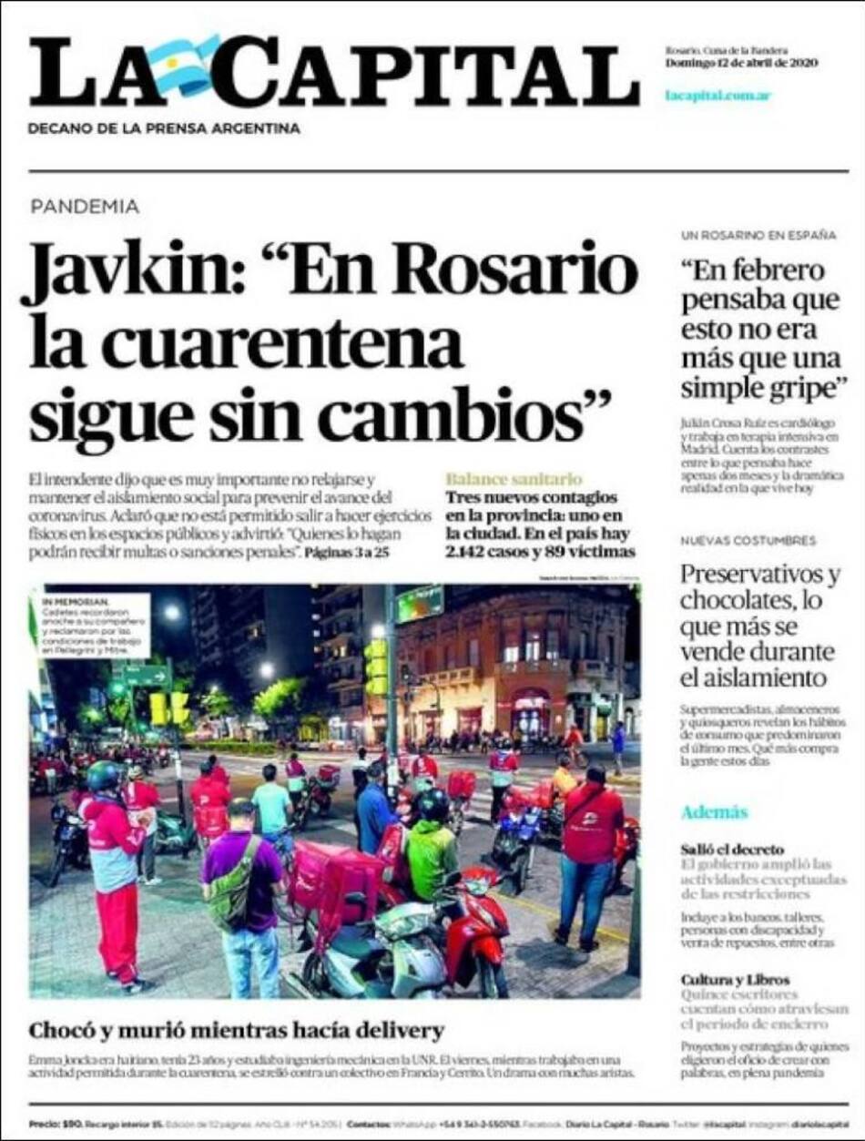 Tapa de diarios, La capital , domingo 12 de abril de 2020|