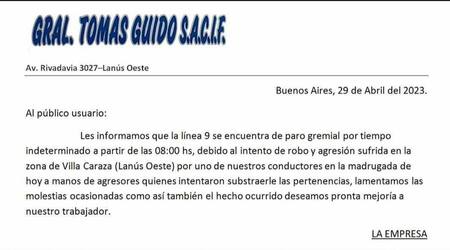 El comunicado de la Línea 9. Foto: Facebook: Choferes Línea 9.