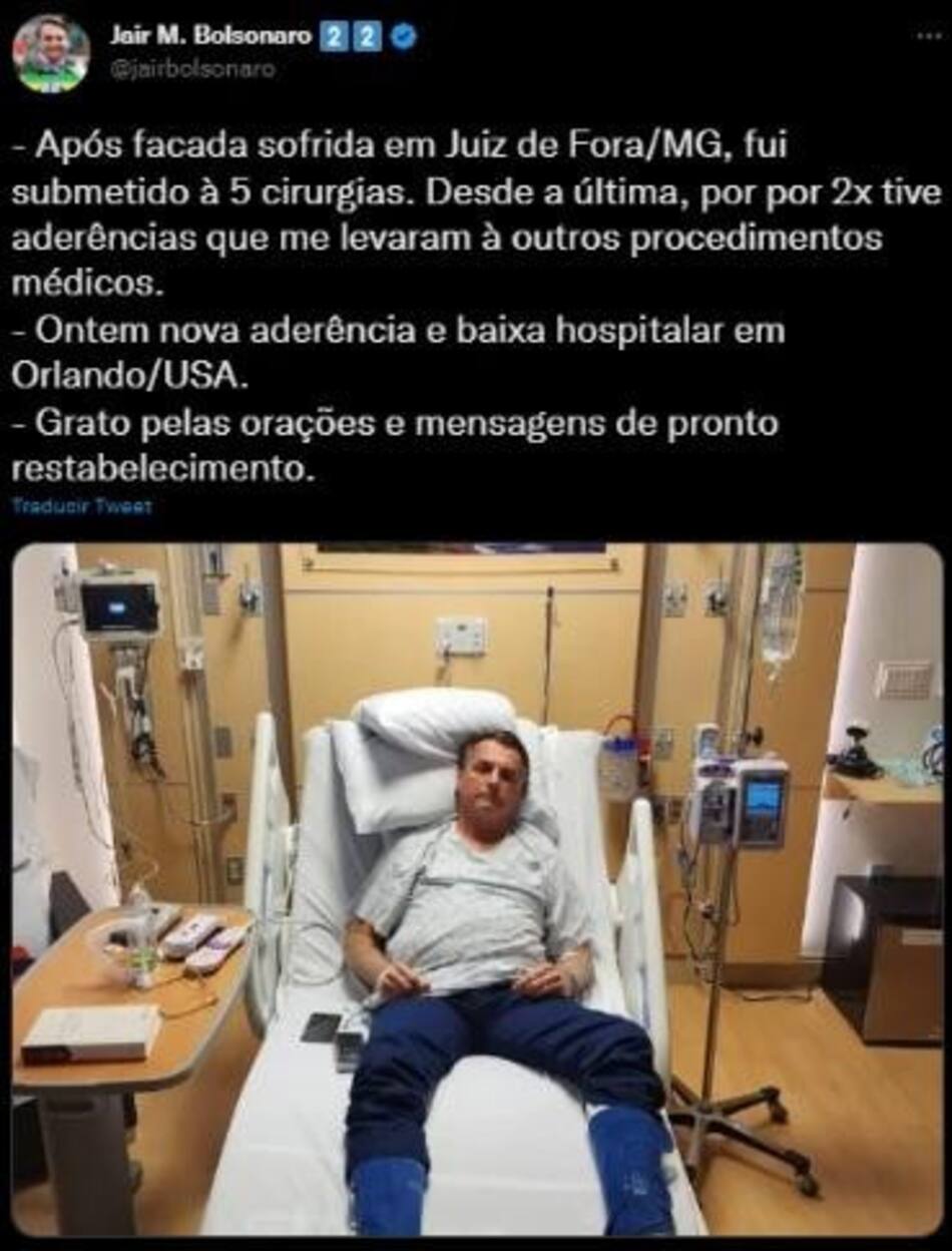 Jair Bolsonaro tuvo que ser internado en Orlando por una obstrucción intestinal y fue dado de alta