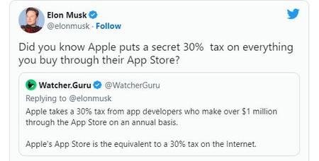 Elon Musk protesta sobre el impuesto de Apple. Foto Twitter