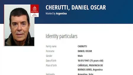 Pedido de detención de Interpol para Daniel Cherutti. Foto: Interpol.