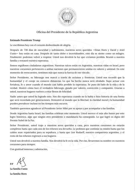 Carta de las familias de los rehenes argentinos liberados por Hamás.