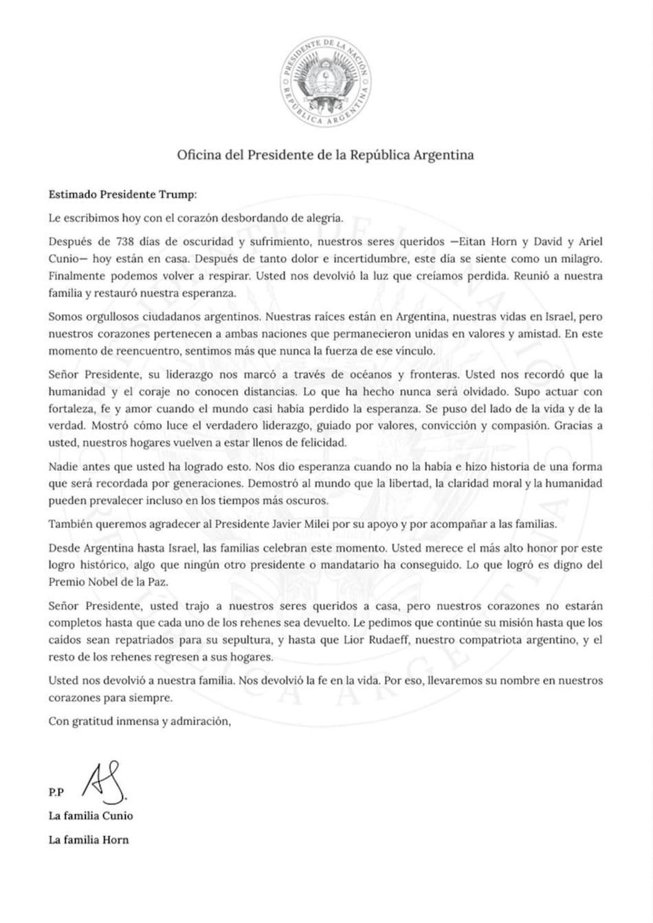 Carta de las familias de los rehenes argentinos liberados por Hamás.