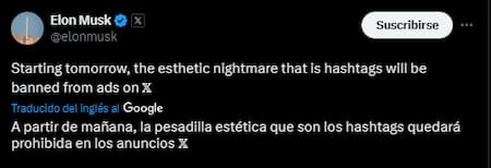 El mensaje de Elon Musk sobre los hashtags de X.