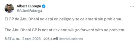 El periodista Albert Fabrega aseguró que el Gran Premio de Abu Dhabi no está en riesgo. Foto: Twitter.