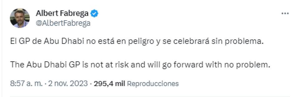 El periodista Albert Fabrega aseguró que el Gran Premio de Abu Dhabi no está en riesgo. Foto: Twitter.