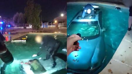 Policía héroe en Estados Unidos: logró salvar a un hombre que estaba atrapado en su auto en el fondo de una pileta