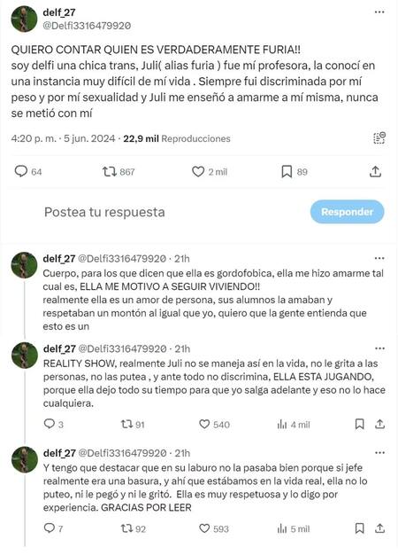 El descargo de una alumna de Furia. Foto: X.