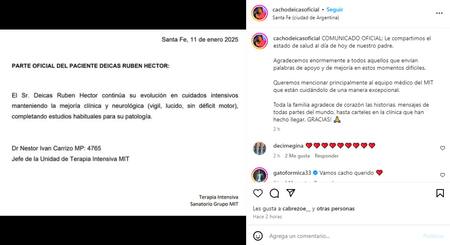 El parte médico y el mensaje de la familia de Cacho Deicas de Los Palmeras. Foto: Captura Instagram.