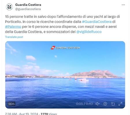 Se hundió un yate de lujo en la costa de Palermo, Italia. Foto captura X.