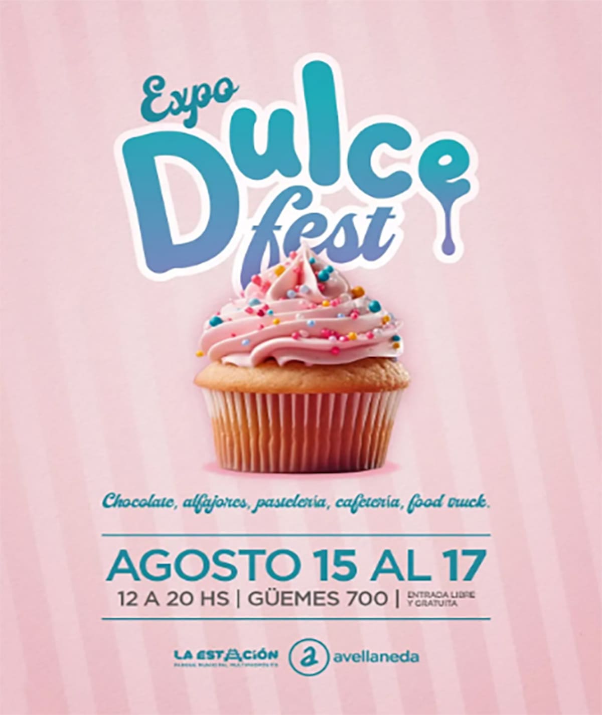 Flyer de la Expo Dulce Fest en Avellaneda con información sobre tres jornadas de chocolates, alfajores, pastelería artesanal y café en el Parque La Estación.