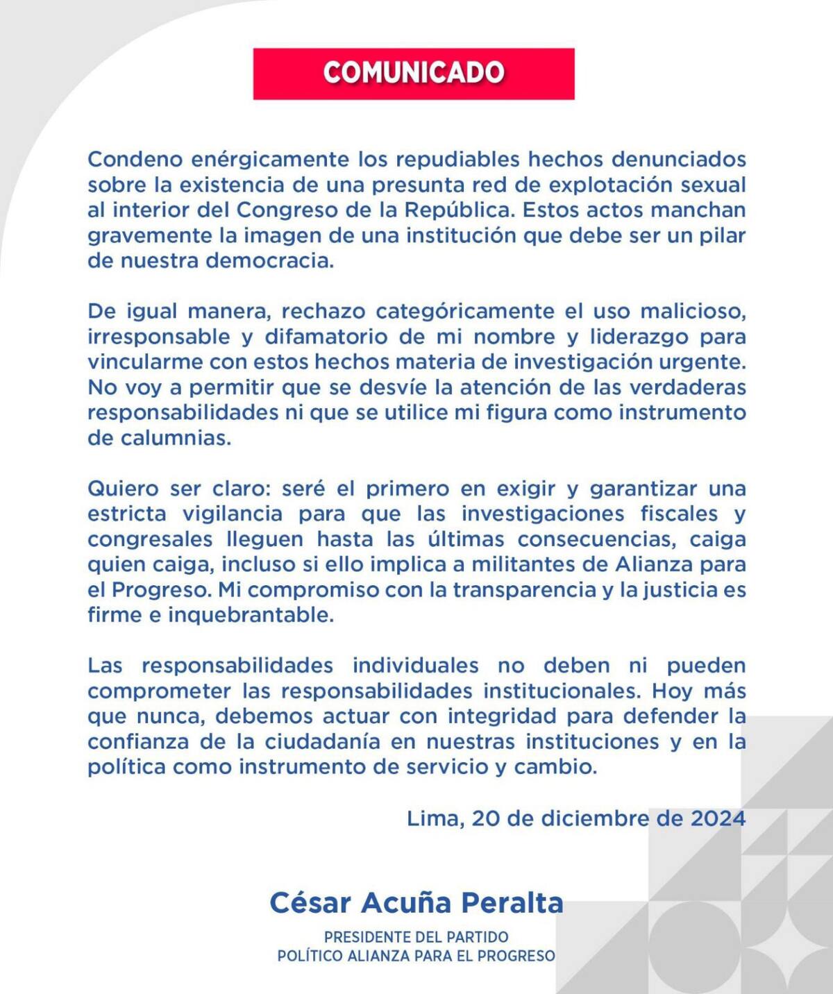 Comunicado de César Acuña sobre las investigaciones por presunta trama de prostitución en el Congreso. Foto: X / @CesarAcunaP.