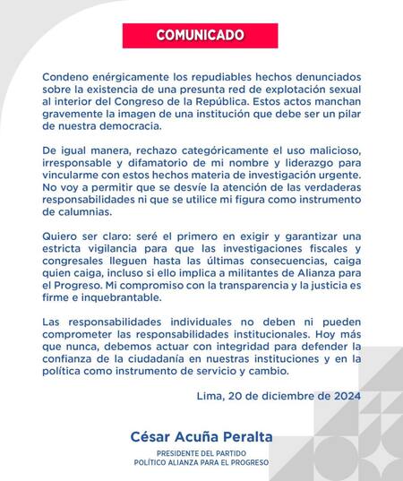 Comunicado de César Acuña sobre las investigaciones por presunta trama de prostitución en el Congreso. Foto: X / @CesarAcunaP.