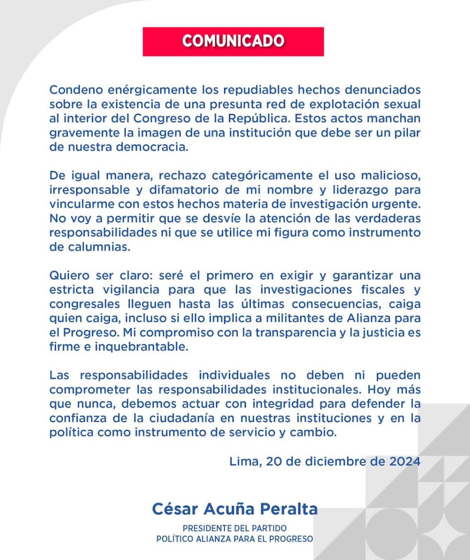 Comunicado de César Acuña sobre las investigaciones por presunta trama de prostitución en el Congreso. Foto: X / @CesarAcunaP.