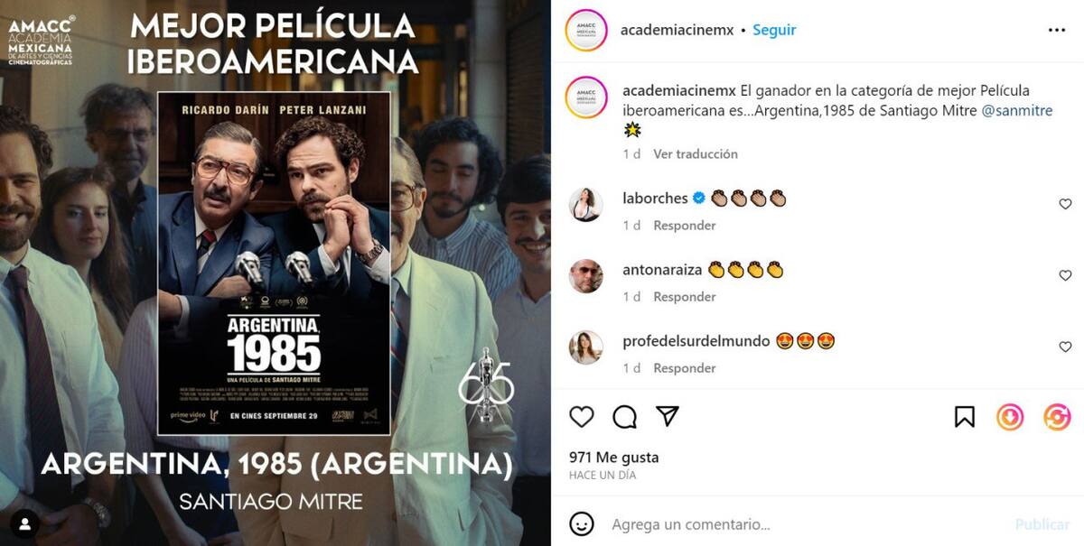 "Argentina 1985" triunfó en la gala de los Premios Ariel 2023. Foto: Instagram @academiacinemx.