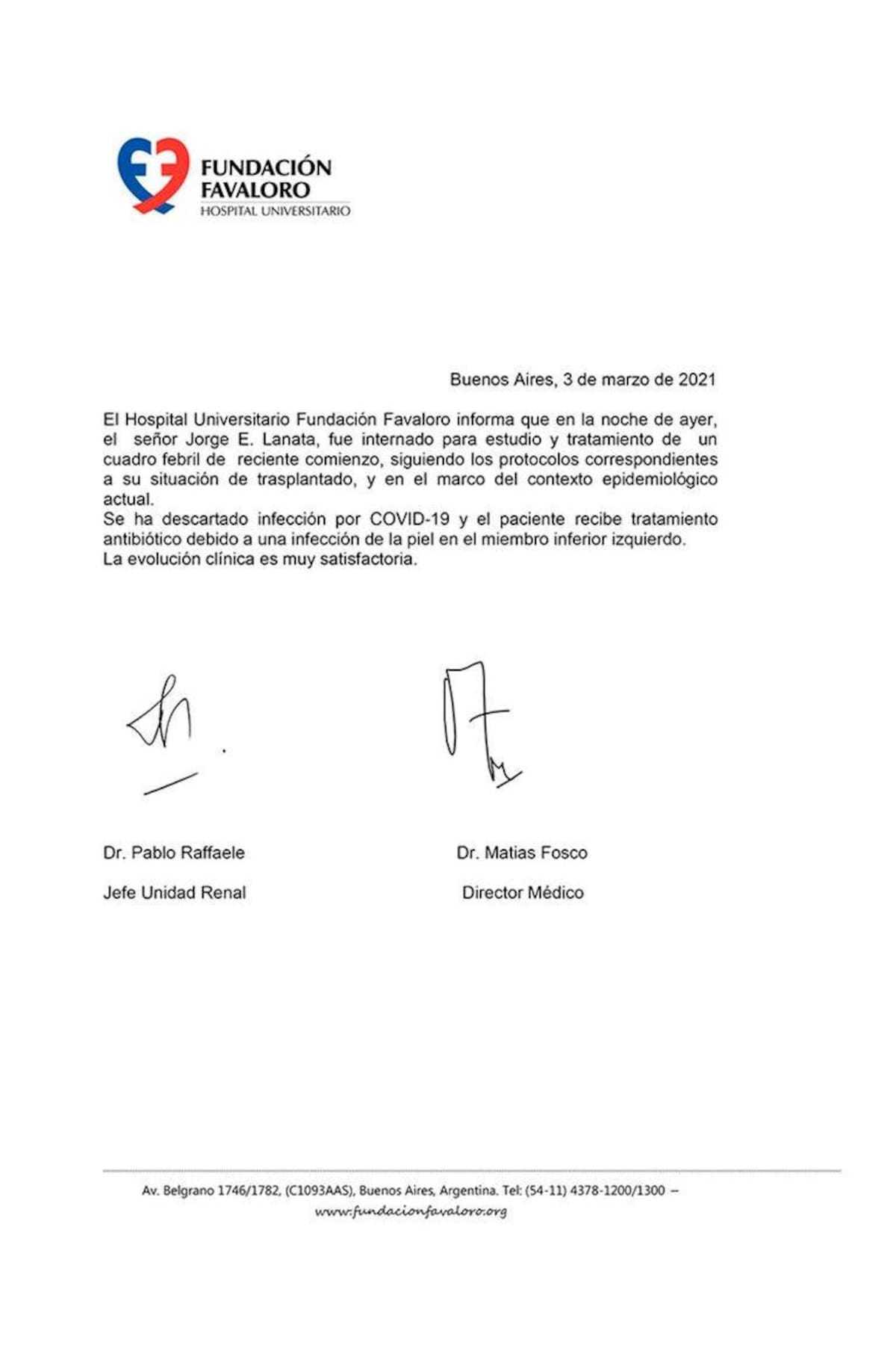 Parte médico de Jorge Lanata del la clínica Fundación Favaloro