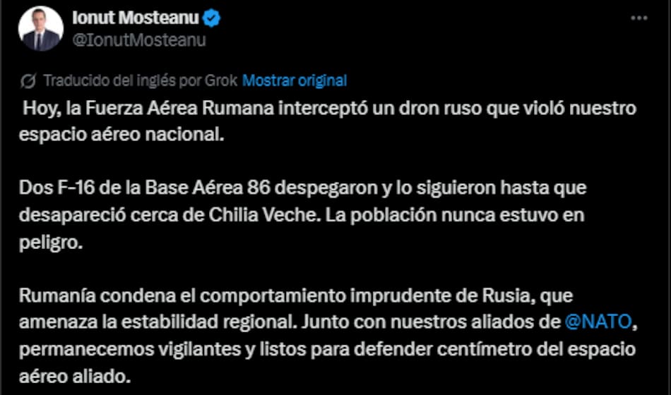 El mensaje de Ionut Mosteanu, ministro de Defensa de Rumania.