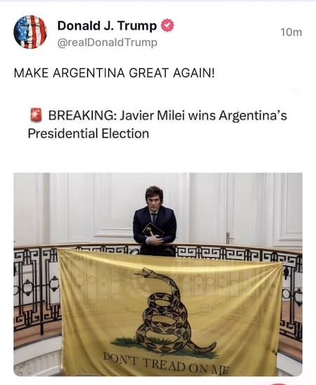 Donald Trump celebró el triunfo de Javier Milei. Foto: Truth Social.