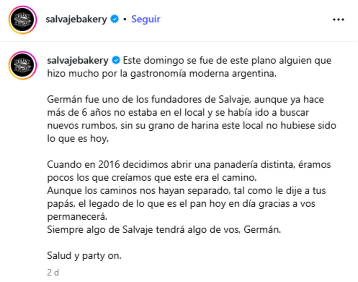 El mensaje de Salvaje Bakery para Germán Torres, reconocido panadero que falleció.