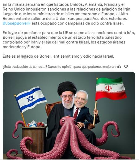 El mensaje del funcionario israelí contra Josep Borrell. Foto: Captura X.