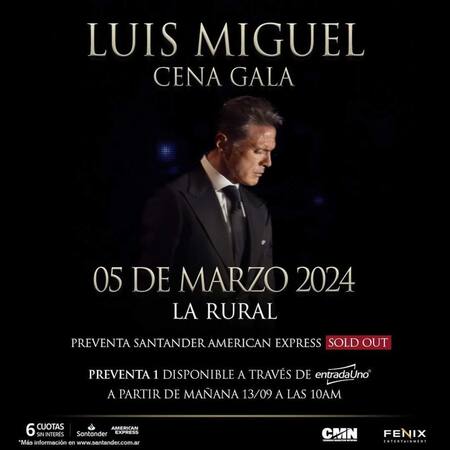 Entradas agotadas para la cena de gala de Luis Miguel en La Rural. Foto: NA.