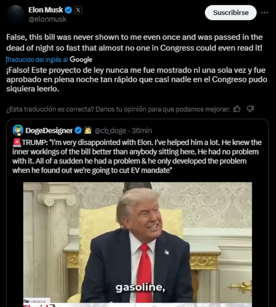 El mensaje de Elon Musk contra Donald Trump. Foto: Captura X.