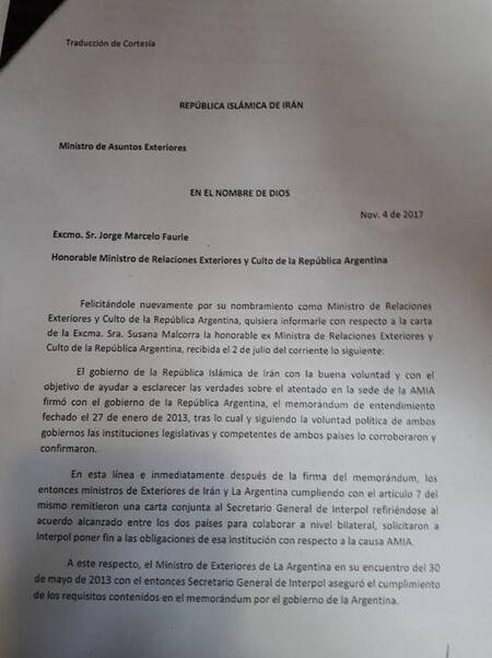 Carta de Irán por causa AMIA