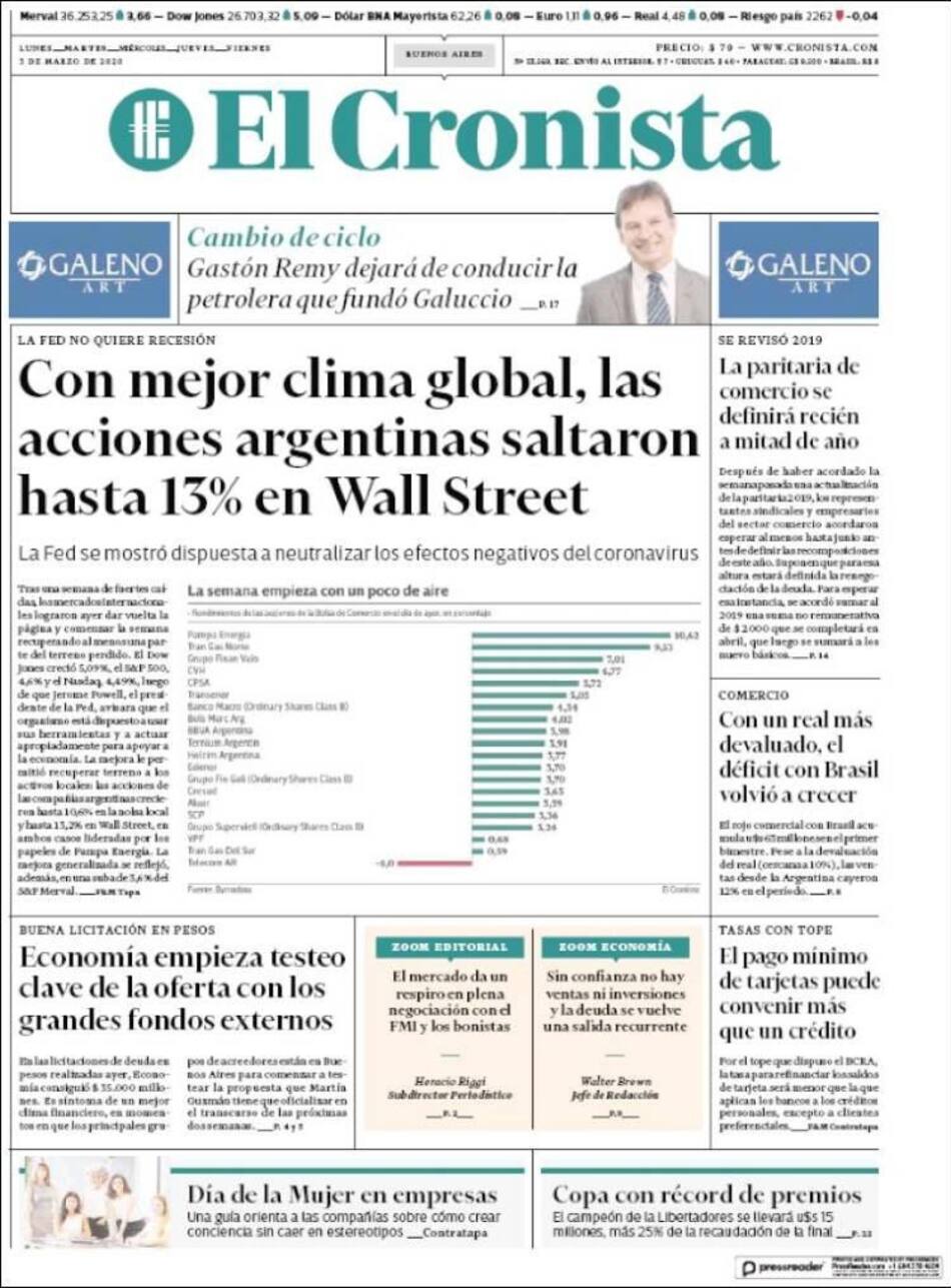 Tapas de diarios, El Cronista, martes 3 de marzo de 2020