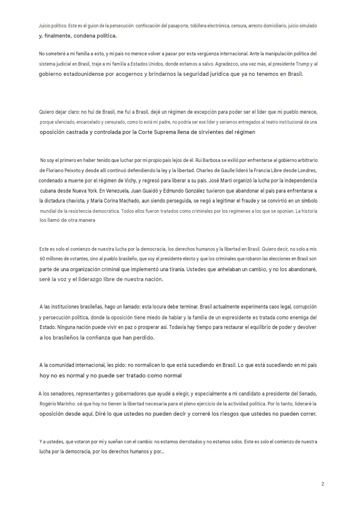 La carta de Flávio Bolsonaro tras su viaje a Estados Unidos