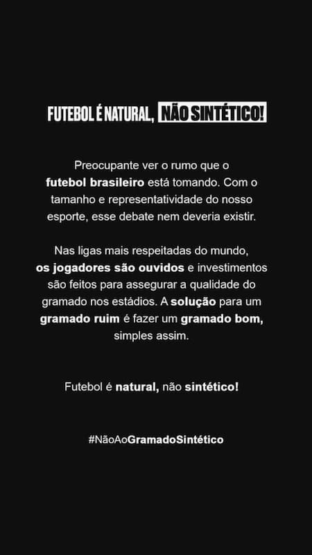 Comunicado de Gabigol contra los césped sintéticos de Brasil. Foto: @gabigol.