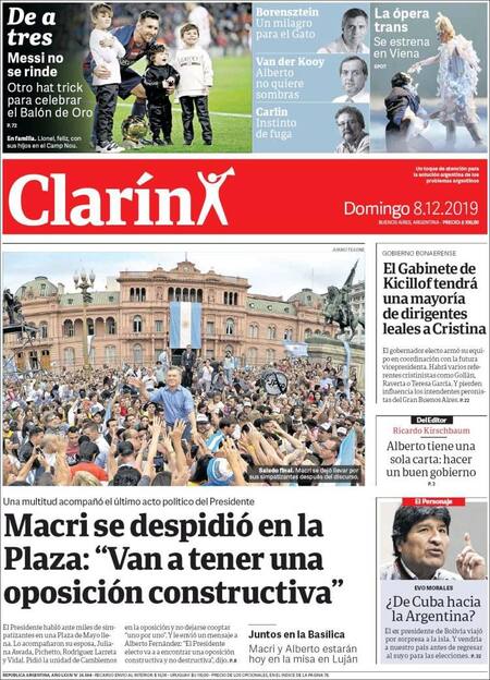 Tapas de diarios, Clarín, domingo 8 de diciembre de 2019