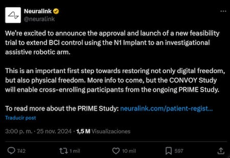Tweet de Neuralink. Fuente: X