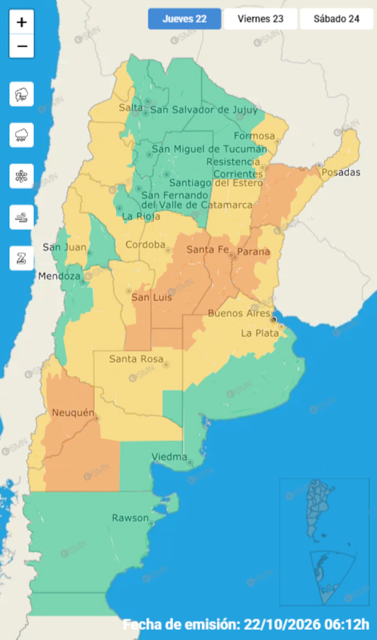 Mapa de alertas del SMN para este jueves 22.