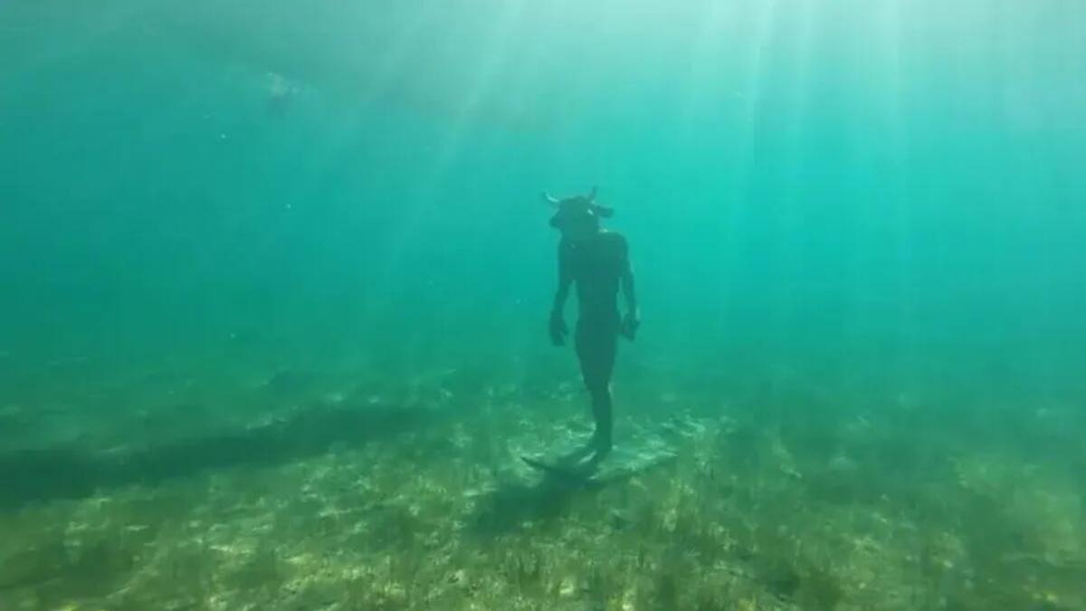 Estatua de minotauro en un lago de Neuquén. Foto: captura video.