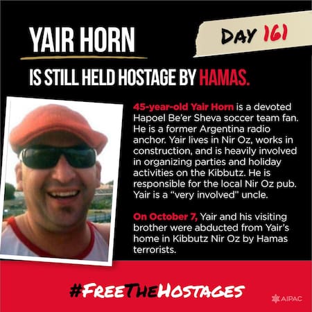 Yair Horn, el argentino-israelí que será liberado por Hamas. Foto: x @AIPAC.