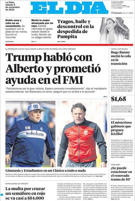 Tapas de diarios, El Día, sábado 02-11-19