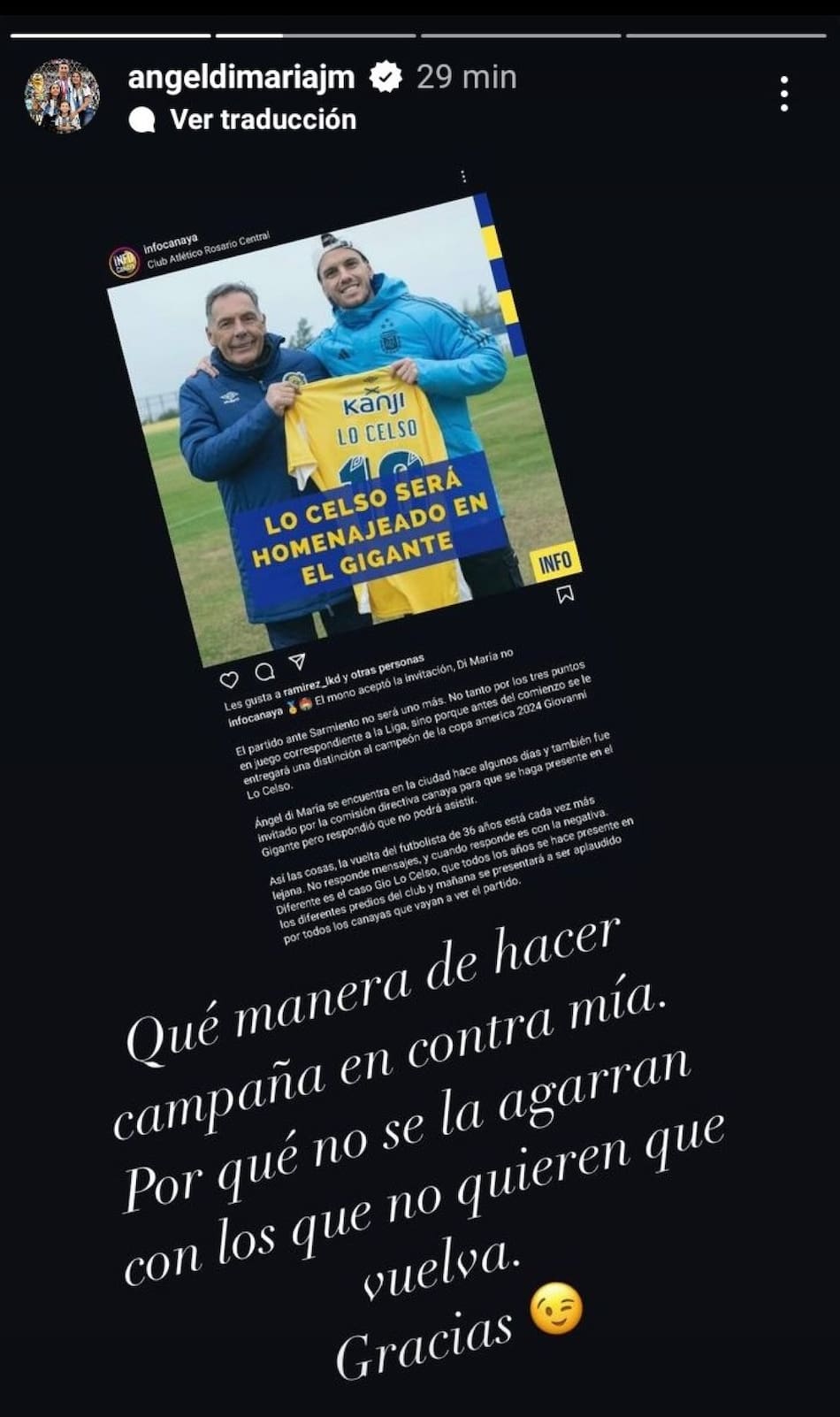 Posteo de Ángel Di María sobre su presencia en Rosario Central. Foto: @angeldimariajm.