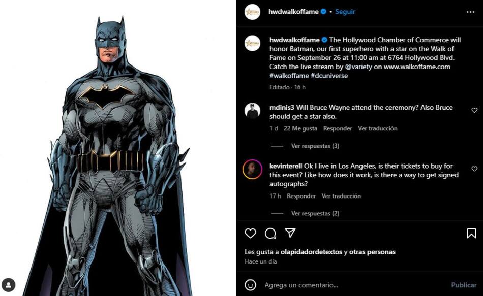 Batman será el primer superhéroe en tener una estrella en el Paseo de la Fama de Hollywood. Foto: @hwdwalkoffame