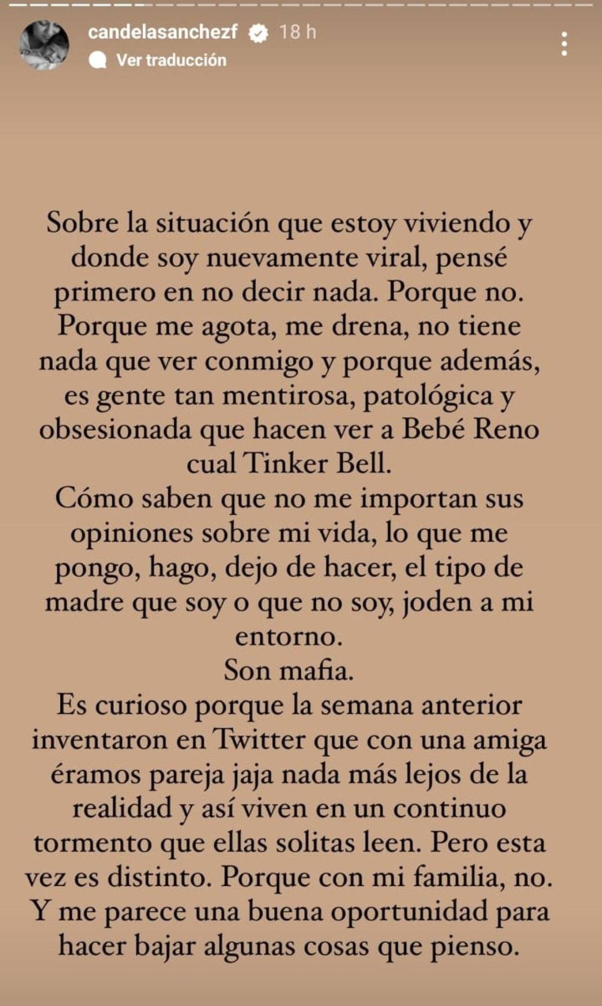 El descargo de Candela Sánchez. Foto: Instagram.