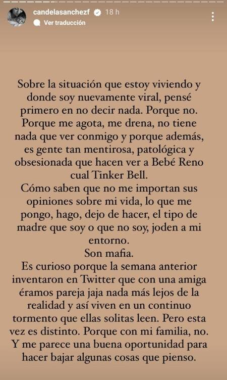 El descargo de Candela Sánchez. Foto: Instagram.