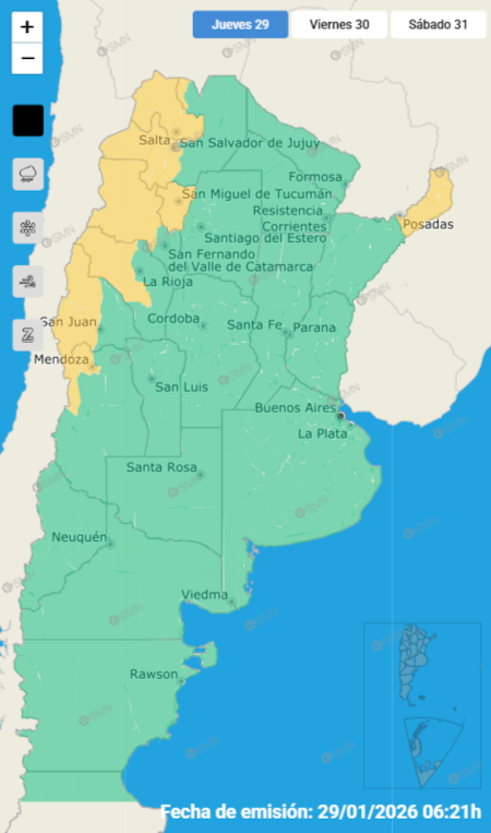 Alerta amarilla por tormentas en distintas provincias de Argentina.