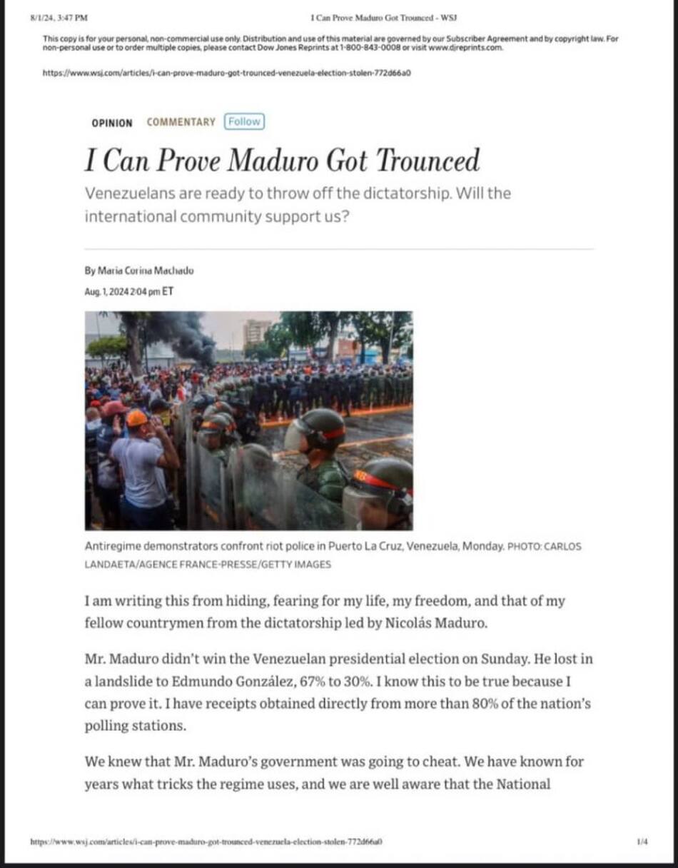 Editorial de María Corina Machado en The Wall Street Journal.