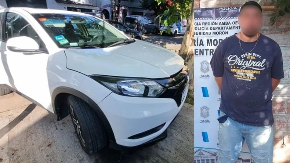 El motoquero Martín Emilio Ocampo junto a la camioneta Honda HR-V.