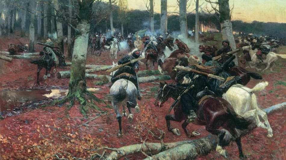 Combate ruso-circasiano en Una Escena de la Guerra del Cáucaso, de Franz Roubaud.