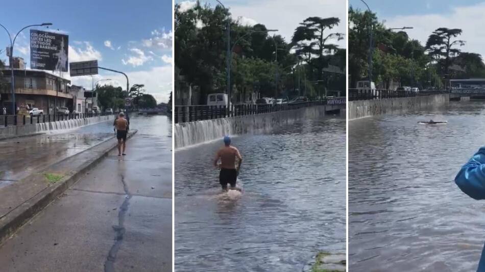 Video insólito: hombre aprovechó la inundación para nadar en un bajo nivel