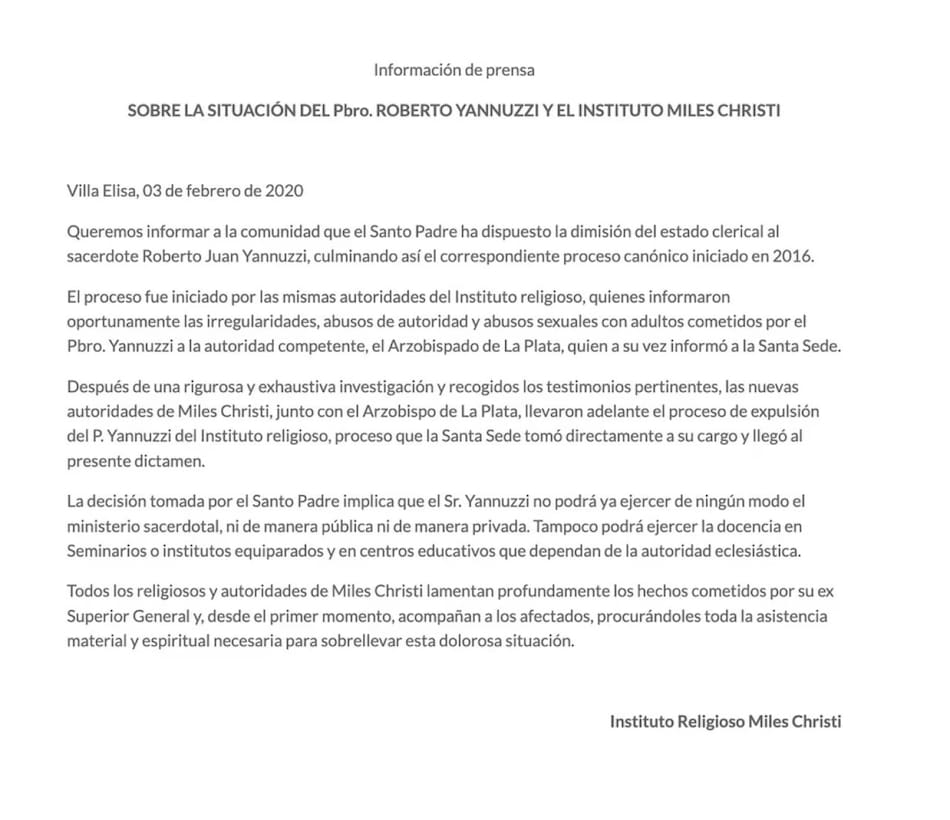 El comunicado que anunció la expulsión de Yannuzzi