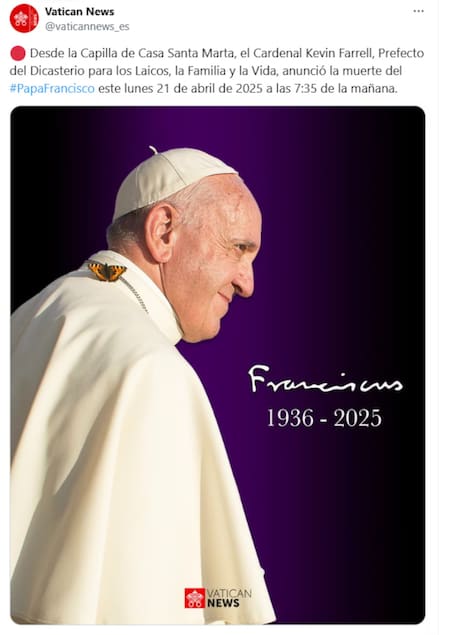 El comunicado del Vaticano por la muerte del Papa. (Foto: X vaticanwes)