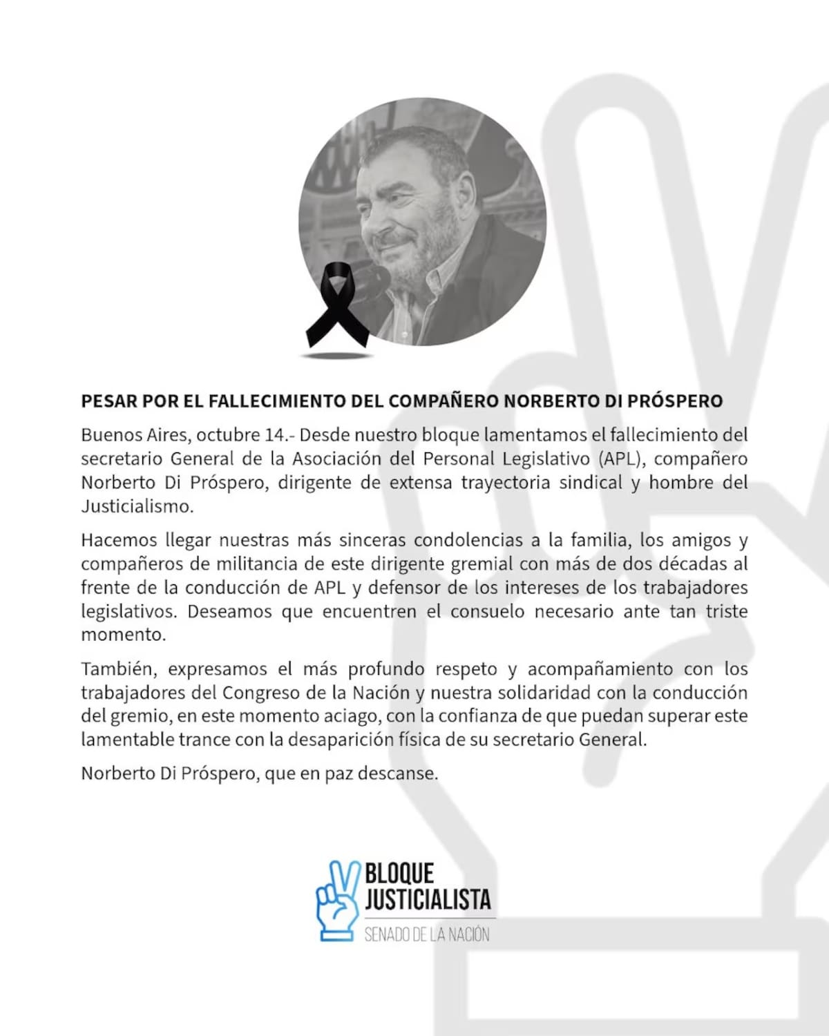 El comunicado del bloque justicialista en el Congreso para despedir a Próspero